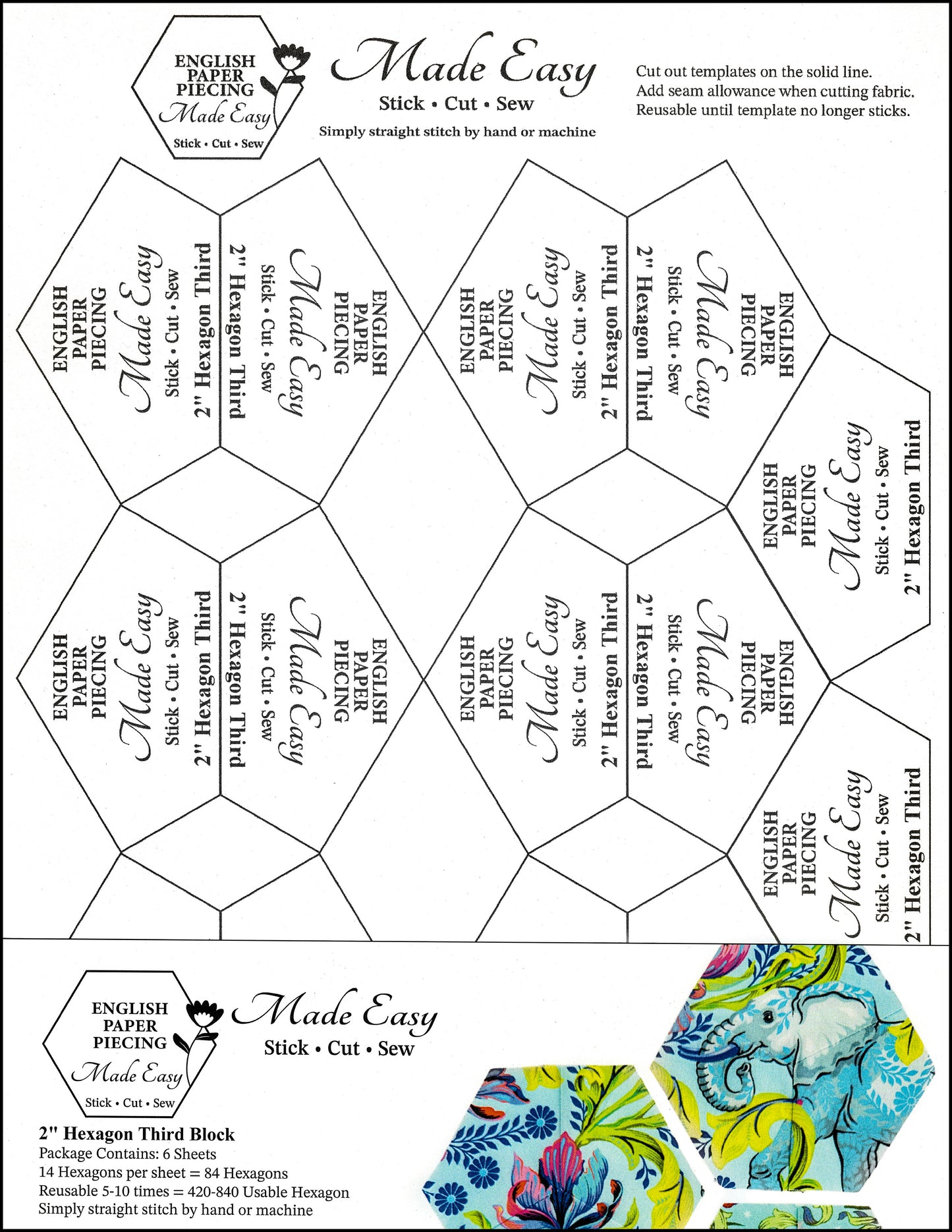 English paper Piecing Made Easy | Templates for 2 Inch Hexagon Third