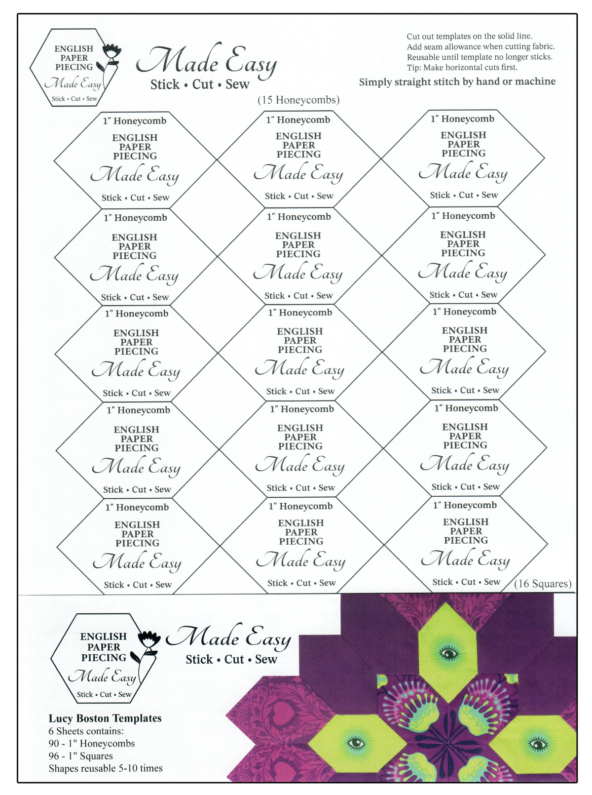 A page containing six sheets of paper with templates for English paper piecing, featuring shapes like honeycombs and squares in various sizes.