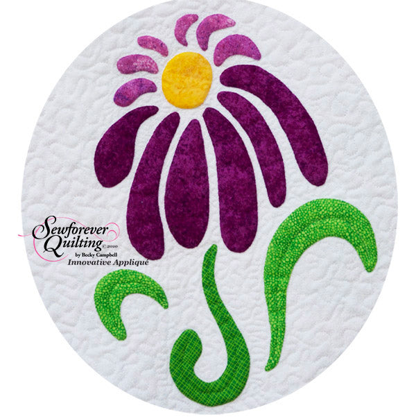 Purple Cone Flower on white background fabric appliqué quilt pattern