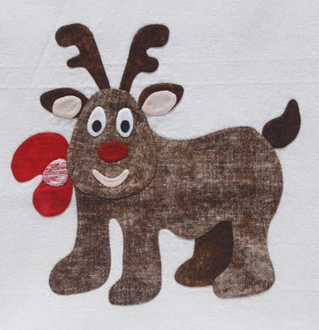 Brown Reindeer with a red bow on a white background fabric appliqué quilt pattern