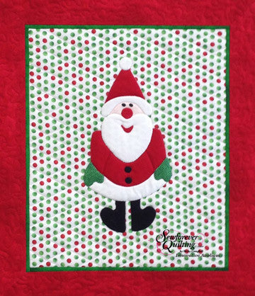Holly Jolly Santa appliqué quilt on a red white and green background