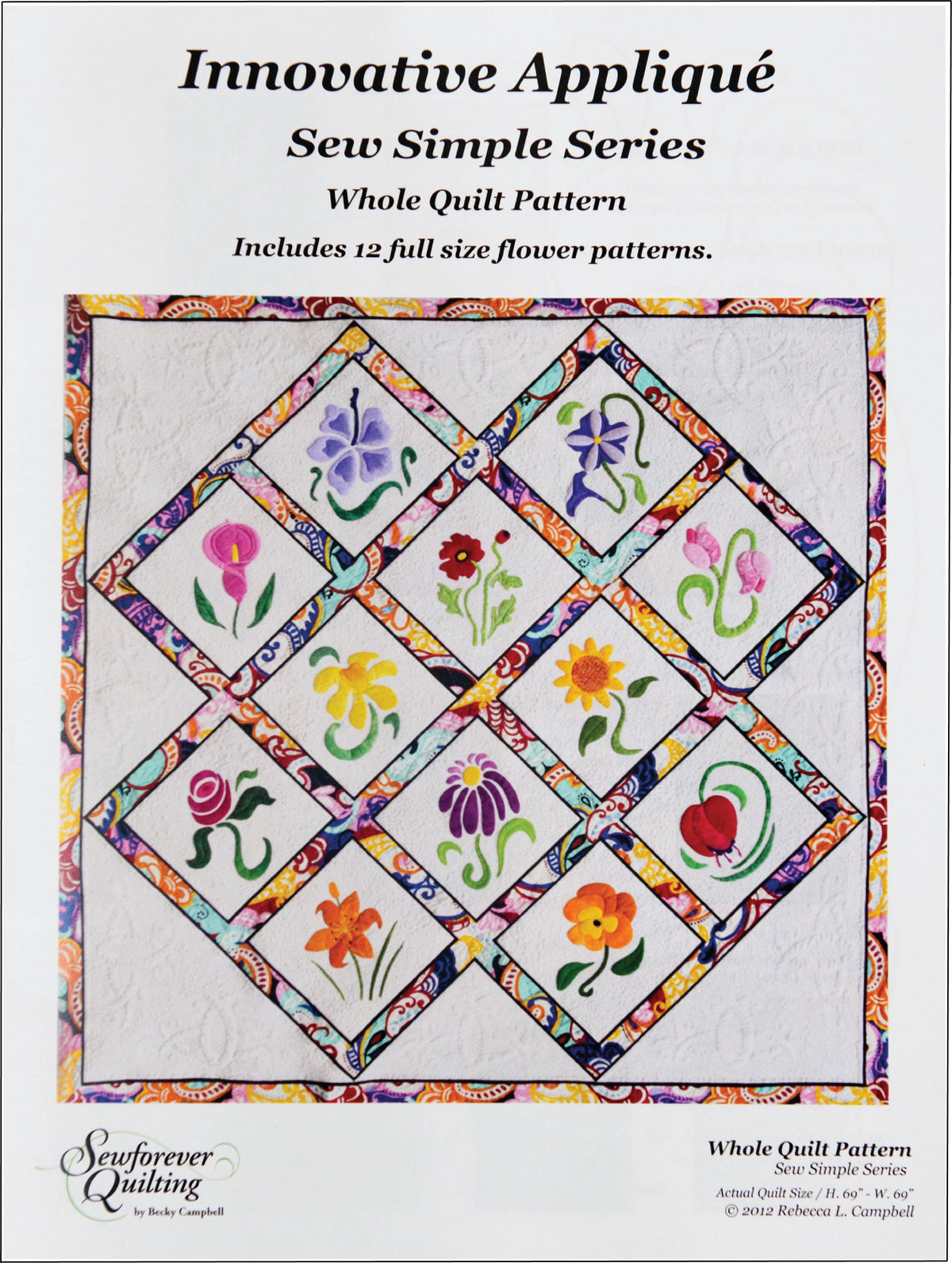 Appliqué Sew Simple Whole Quilt Pattern cover colorful flowers on a white background fabric