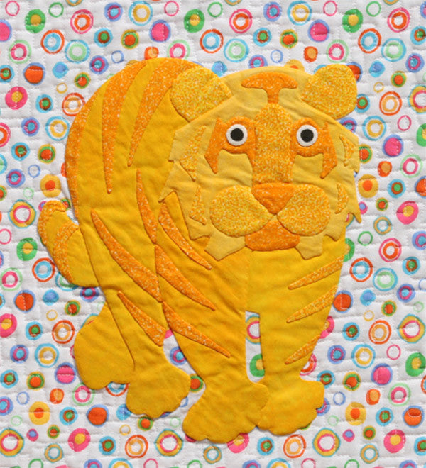 Tiger with yellow strips on a colorful background fabric appliqué quilt pattern