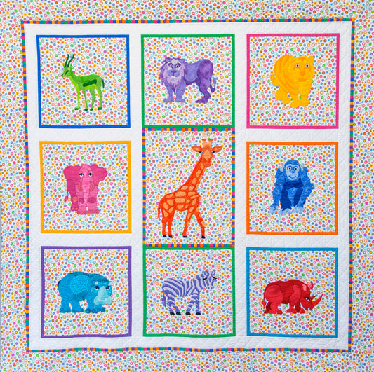 Zoo animals on a colorful background fabric lion elephant chimp rhino tiger hippo zebra giraffe
