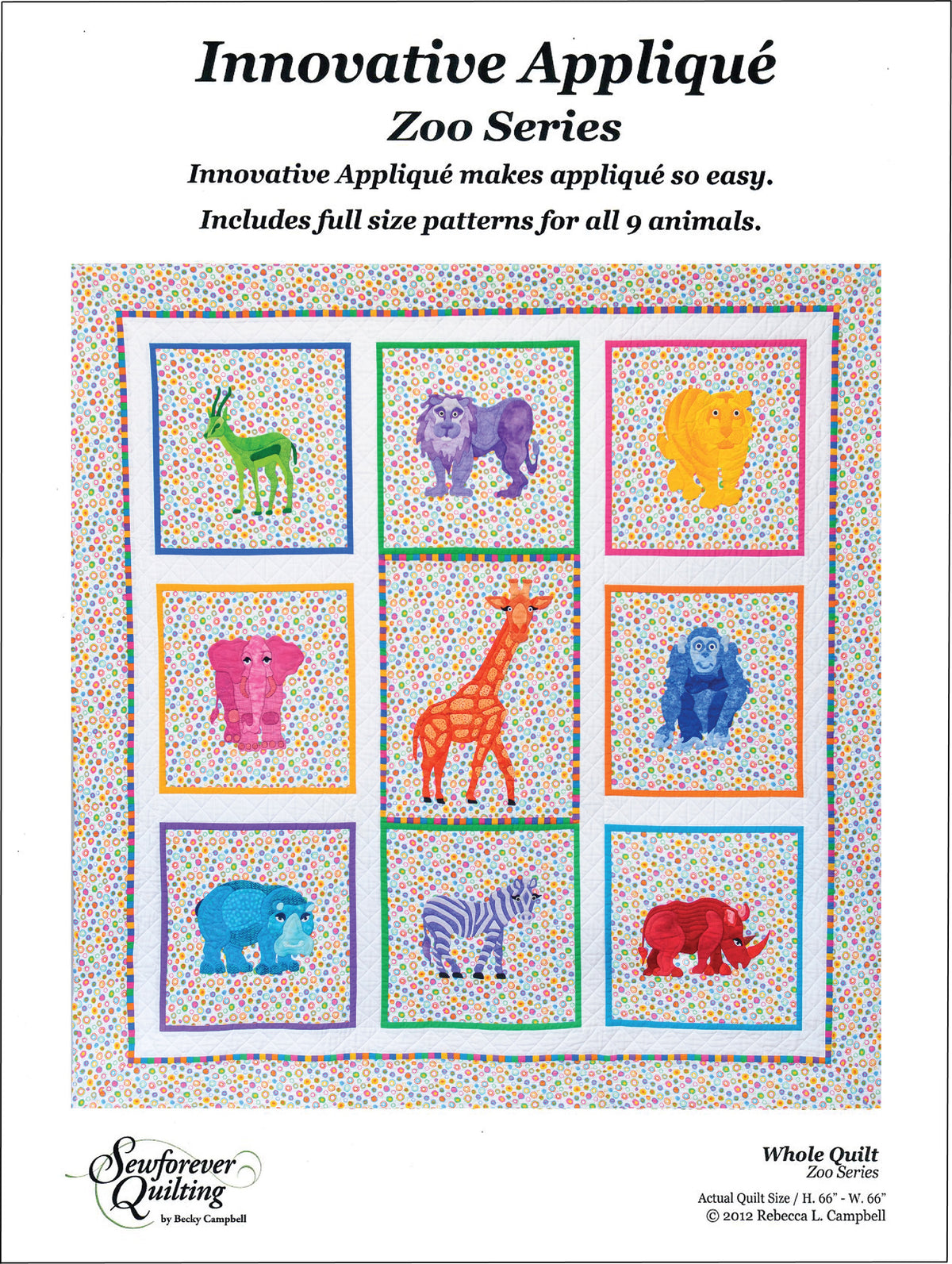 A colorful quilt pattern featuring various animal shapes, such as a giraffe, zebra, and lion, with a white background. Includes text describing the product as a quilt pattern with innovative appliqué technique.
