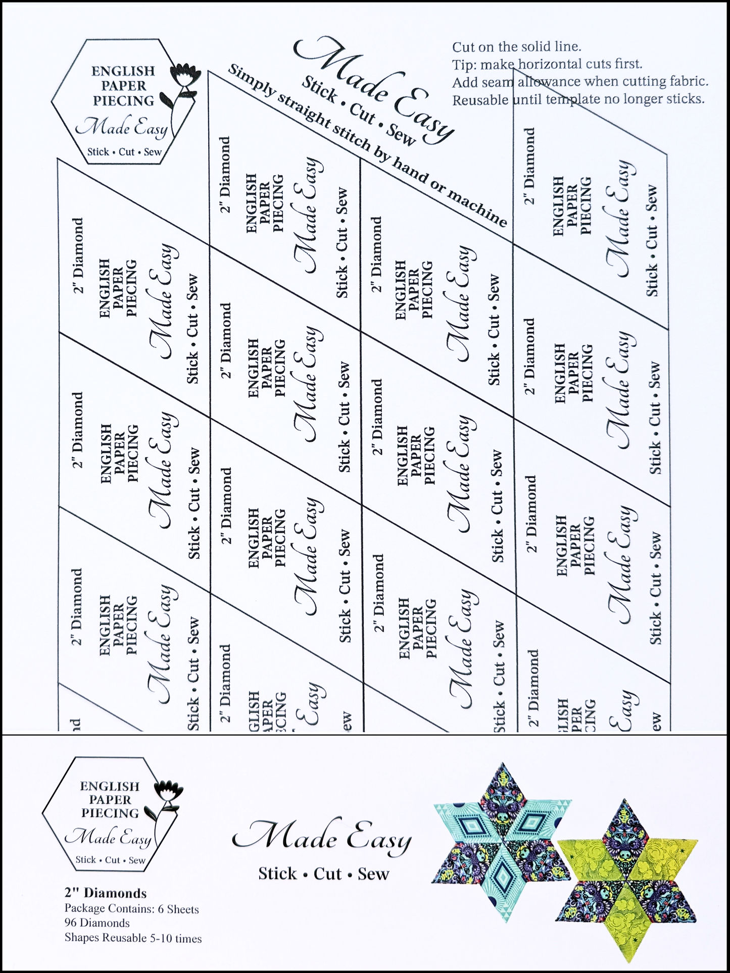 Pattern sheet for English Paper Piecing with fabric design and instructions.