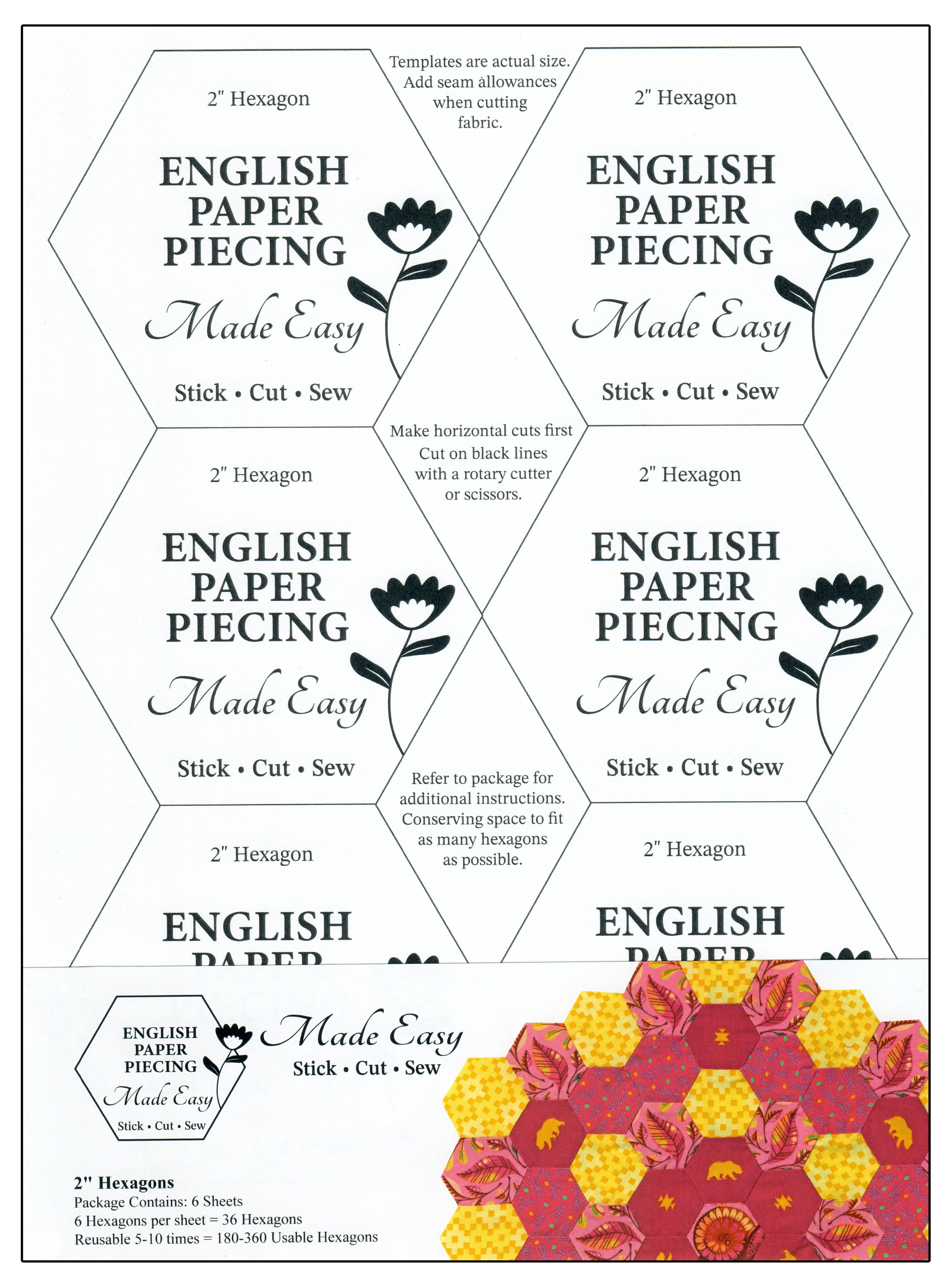English Paper Piecing Made Easy 2 inch hexagons self stick  templates no basting gluing whipstitching or pulling papers