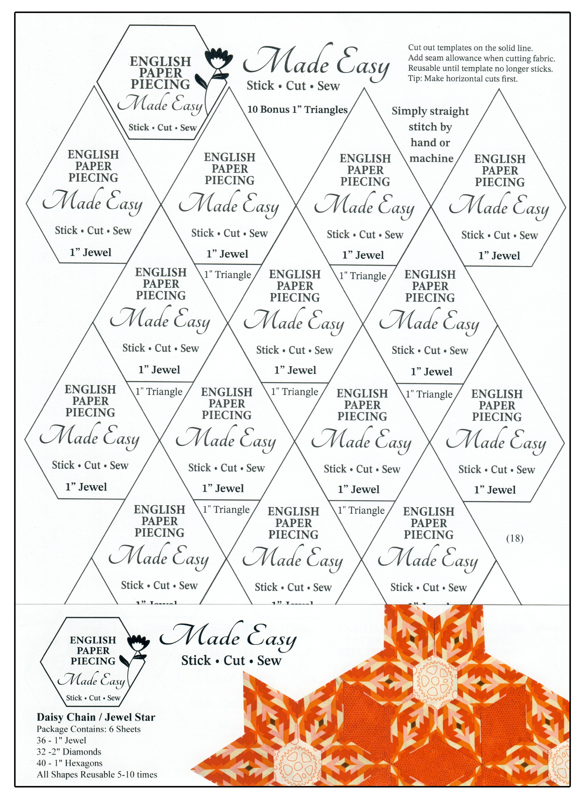 English Paper Piecing Made Easy,  Self-stick Templates.  Product cover