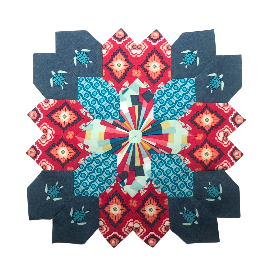 Lucy Boston quilt block made with English Paper Piecing Made Easy navy and red