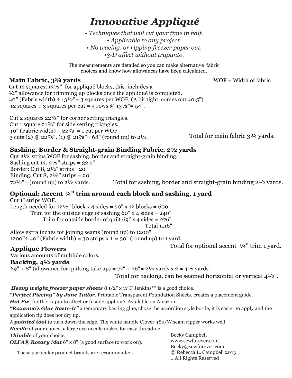 A text-heavy informational sheet titled 'Innovative Appliqué' with sewing and fabric measurements, including formulas, example calculations, and product recommendations on a white background.