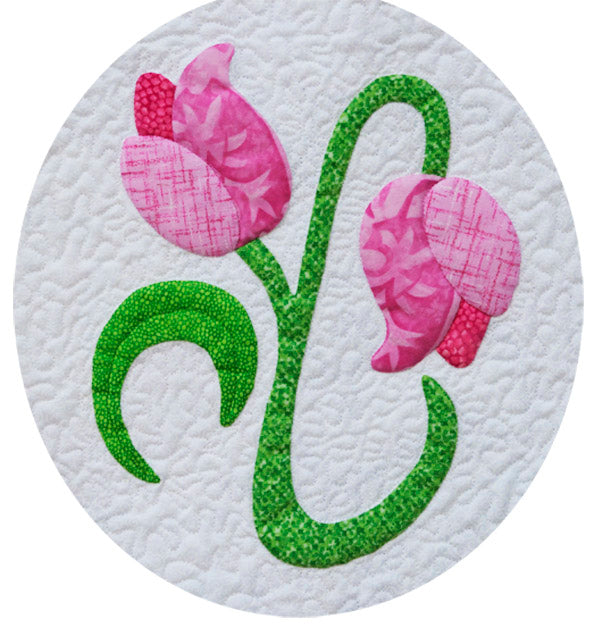 Pink tulips on a white background fabric appliqué quilt pattern